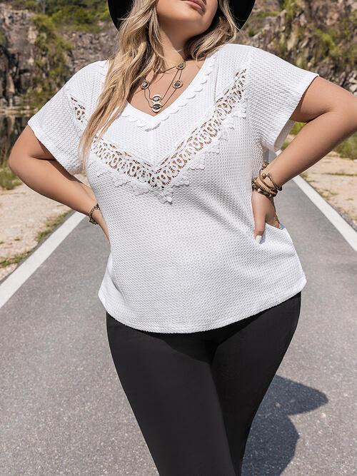 Plus Size Lace Detail V-Neck Short Sleeve Blouse - Clothes For Her Online Store