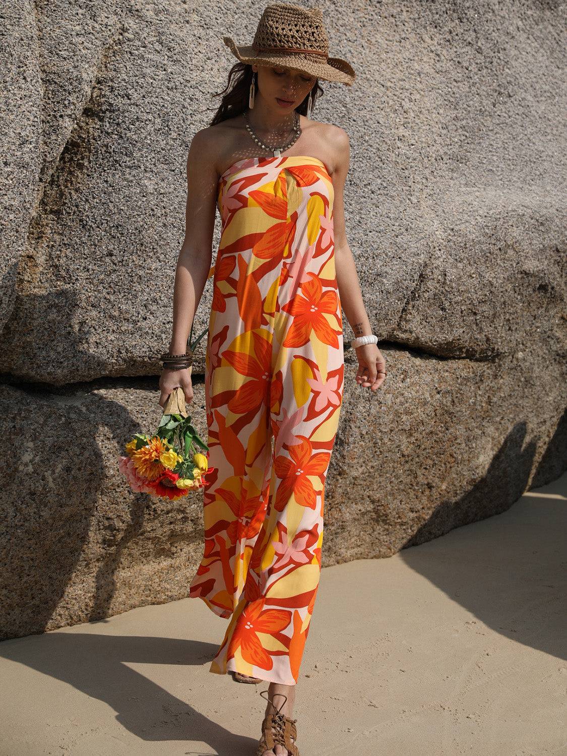 Tied Printed Tube Wide Leg Jumpsuit - Clothes For Her Online Store