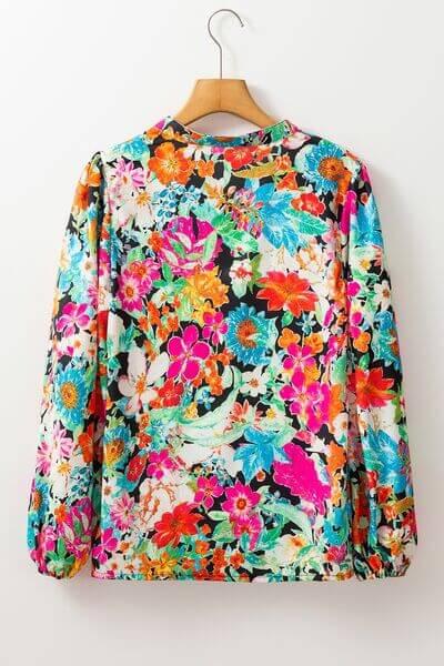 Floral Tie Neck Balloon Sleeve Blouse - Clothes For Her Online Store