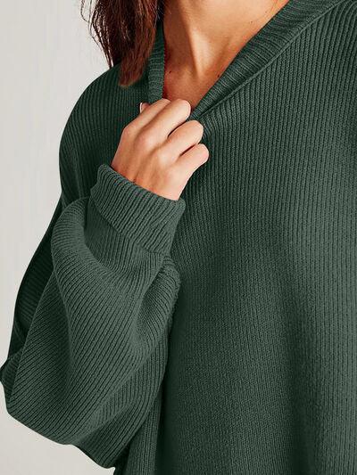 Double Take Side Slit Round Neck Long Sleeve Sweater - Clothes For Her Online Store