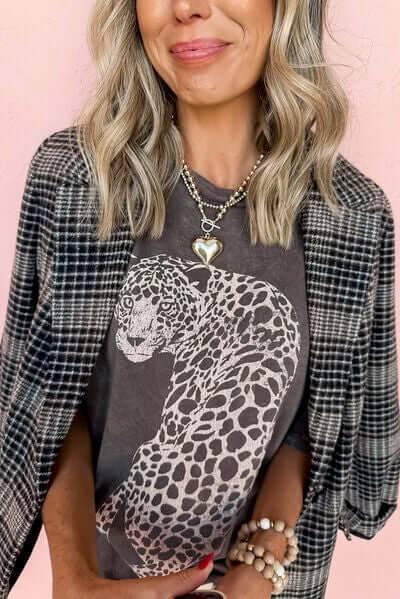Cheetah Mineral Wash Round Neck Half Sleeve T-Shirt - Clothes For Her Online Store