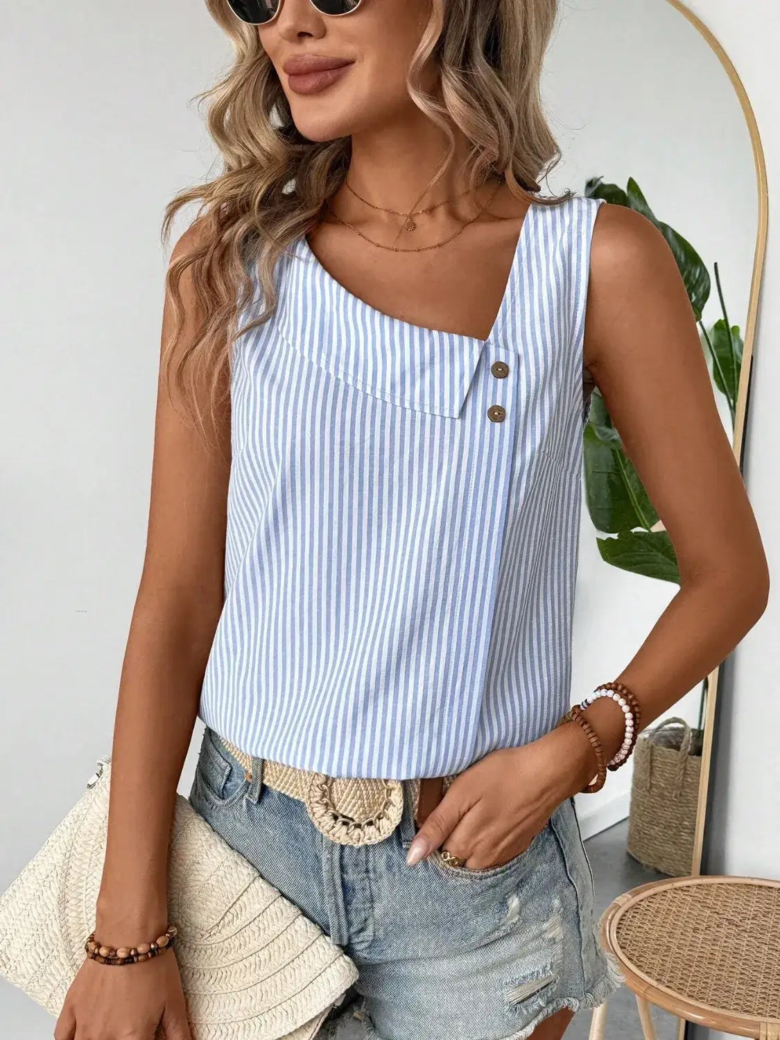 Decorative Button Asymmetrical Striped Tank