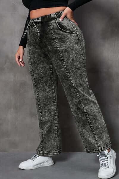 Plus Size Drawstring Pocketed Straight Jeans - Clothes For Her Online Store