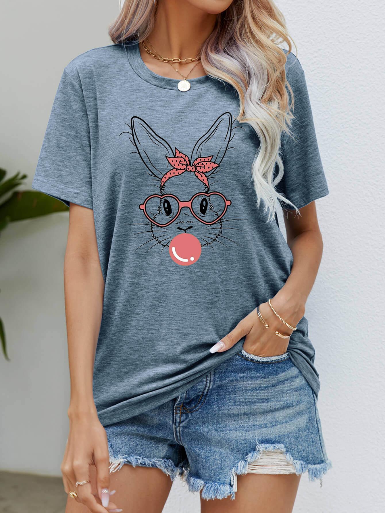 Easter Bunny Graphic Round Neck T-Shirt - Clothes For Her Online Store