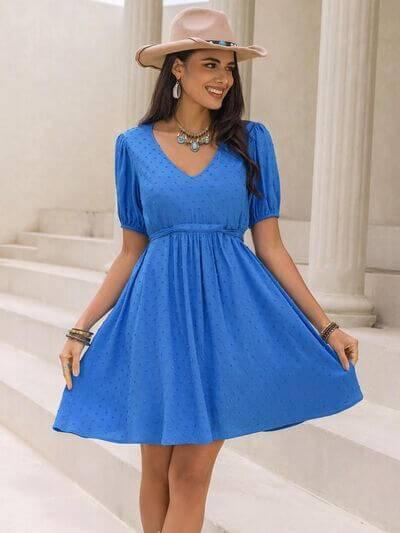 Tied Swiss Dot V-Neck Short Sleeve Dress - Clothes For Her Online Store