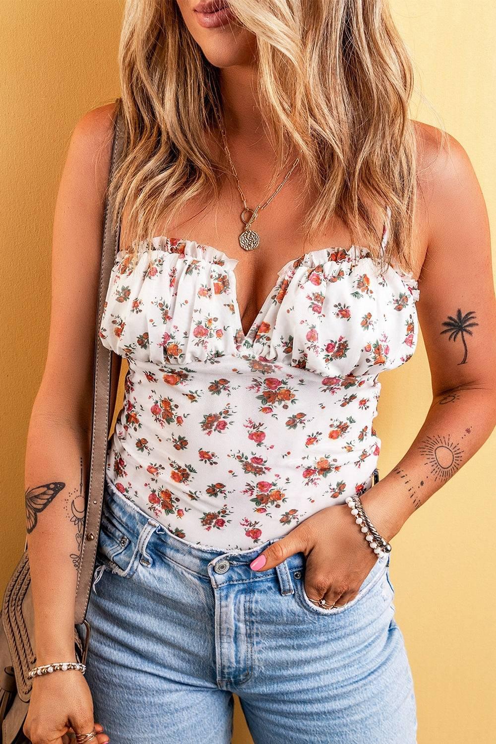 Floral Frilled Trim Spaghetti Straps Bodysuit - Clothes For Her Online Store