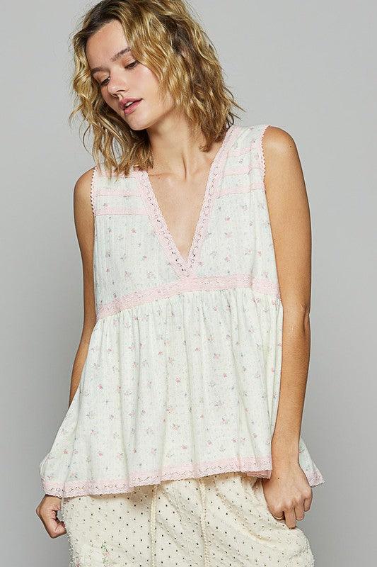 POL Lace Detail Floral V-Neck Sleeveless Top - Clothes For Her Online Store