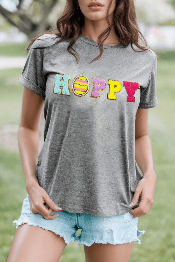 HOPPY Chenille Patch Round Neck Short Sleeve T-Shirt - Clothes For Her Online Store