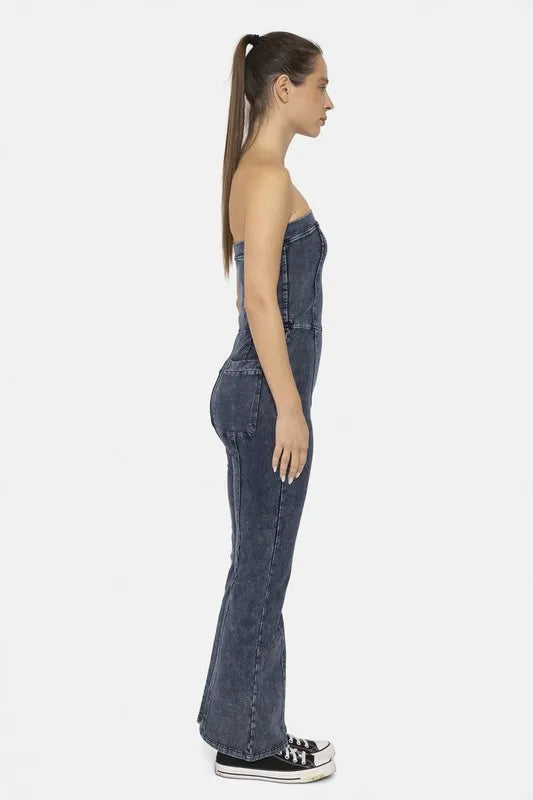 MONO B Cotton Blend Strapless Flared Jumpsuit - Clothes For Her Online Store