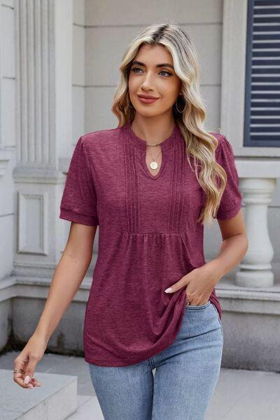 Notched Short Sleeve Solid Color Top - Clothes For Her Online Store