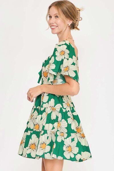 Umgee Full Size Daisy Print Mini Dress with Ribbon Details Plus Size - Clothes For Her Online Store