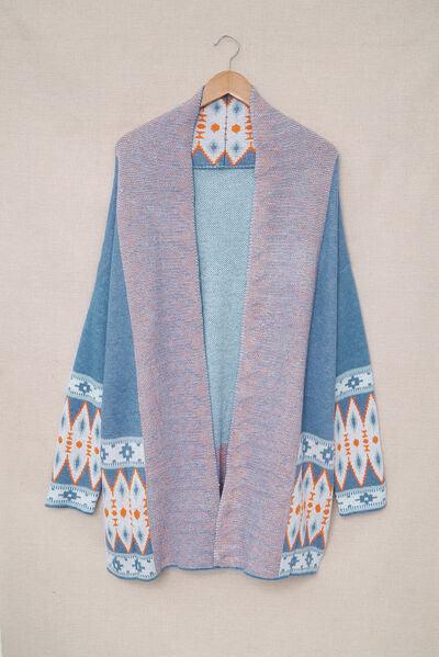 Geometric Open Front Long Sleeve Cardigan - Clothes For Her Online Store