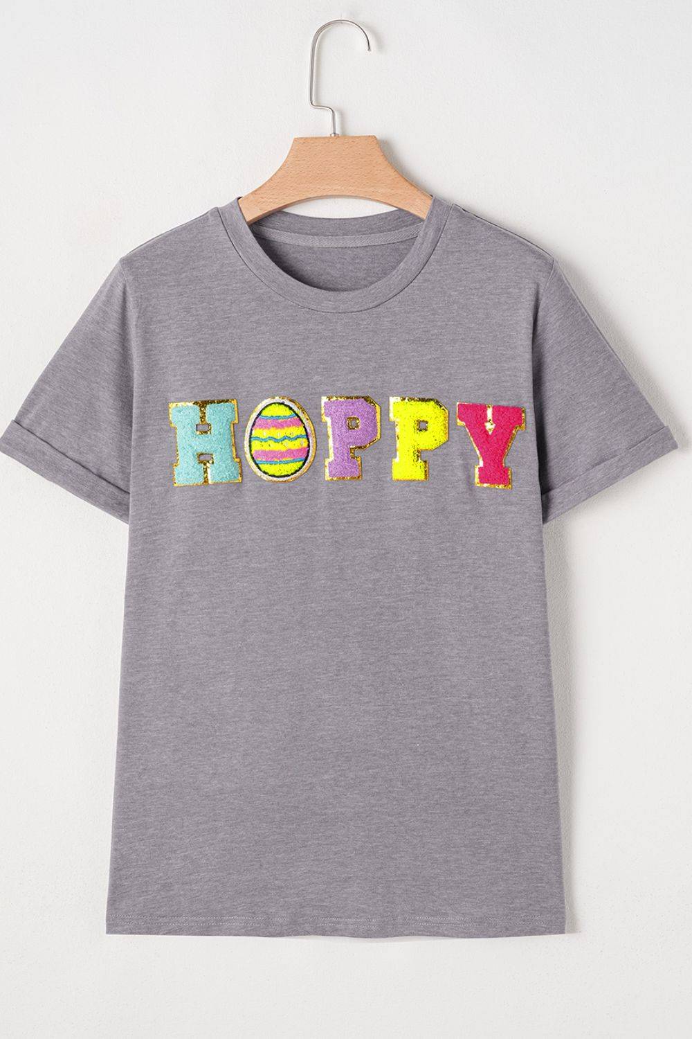 HOPPY Chenille Patch Round Neck Short Sleeve T-Shirt - Clothes For Her Online Store