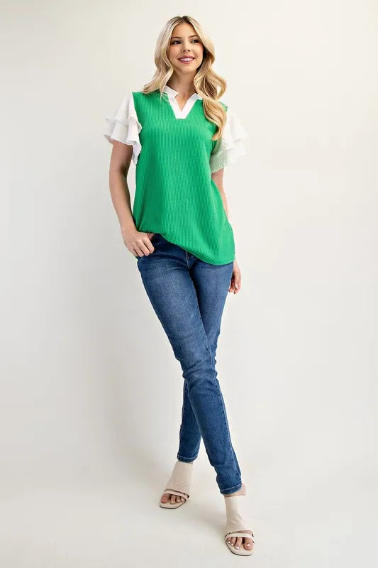 Celeste Full Size Solid Color Top with Ruffle Layered Sleeves Plus Size