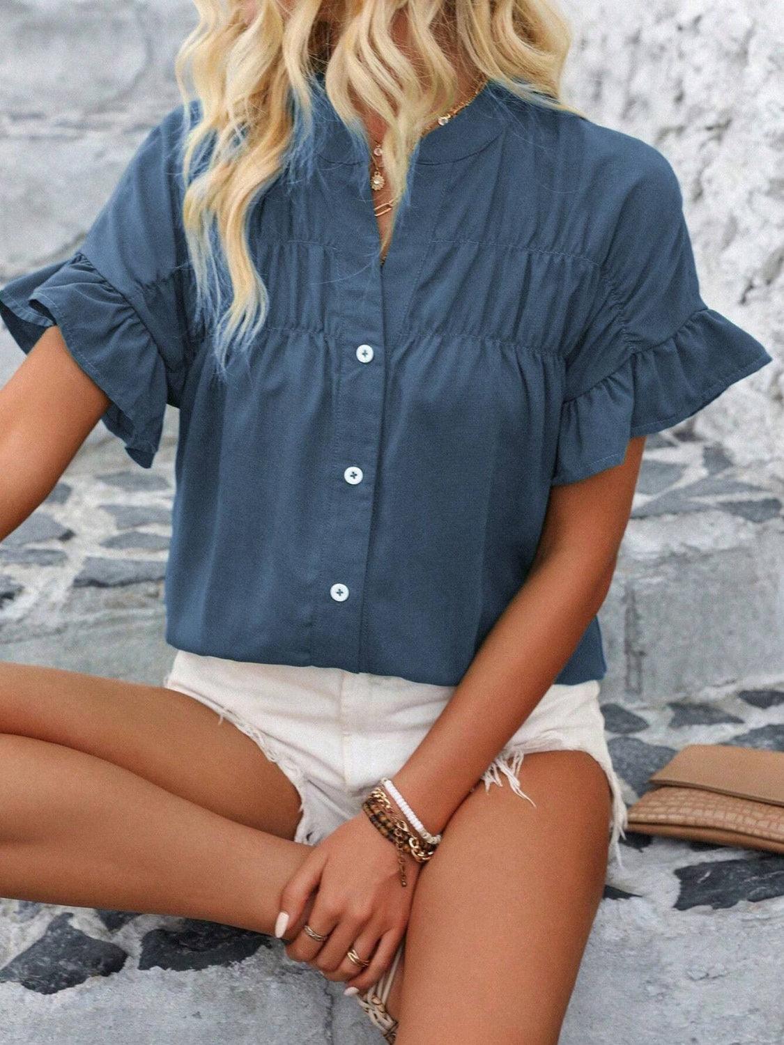 Button Down Ruffled Short Sleeve Shirt - Clothes For Her Online Store