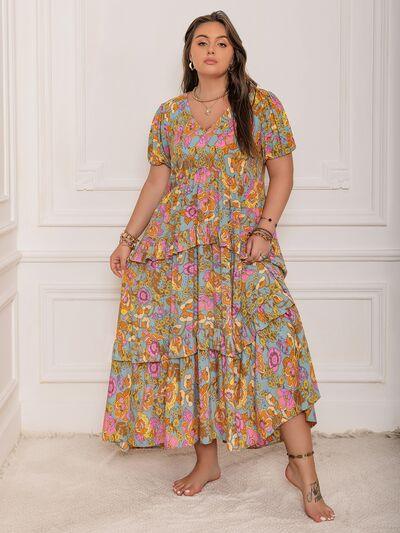 Plus Size Printed V-Neck Short Sleeve Maxi Dress - Clothes For Her Online Store