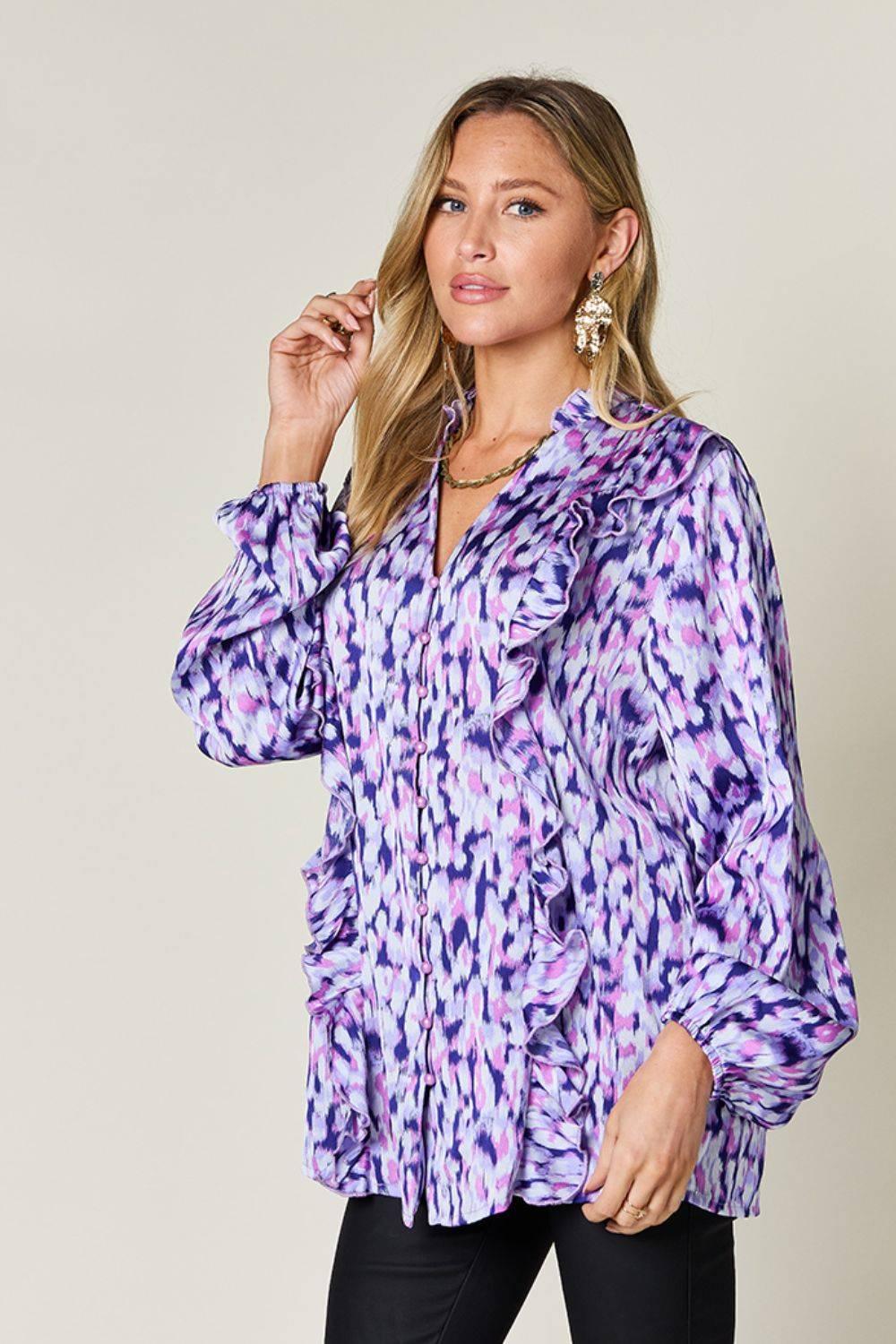 Double Take Full Size Printed Ruffle Trim Balloon Sleeve Shirt - Clothes For Her Online Store
