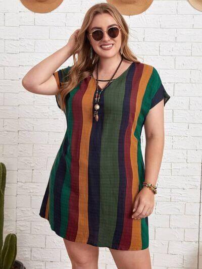 Plus Size Striped Short Sleeve Mini Dress - Clothes For Her Online Store