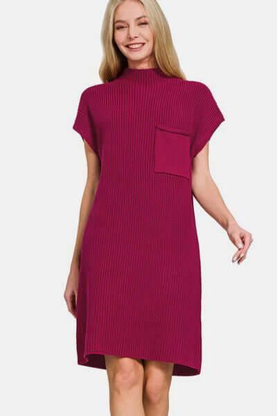 Zenana Mock Neck Short Sleeve Sweater Dress - Clothes For Her Online Store