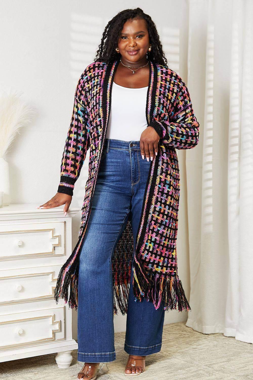 Angel Wings Full Size Multicolored Open Front Fringe Hem Cardigan - Clothes For Her Online Store