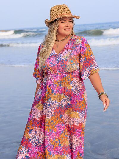 Plus Size Printed V-Neck Half Sleeve Maxi Dress - Clothes For Her Online Store