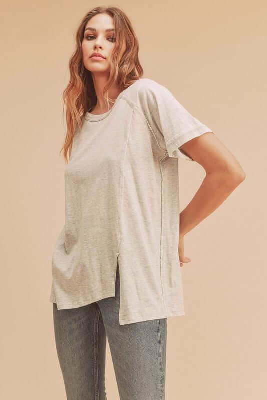 Aemi + Co Asymmetrical Front Slit Round Neck Raglan Sleeve T-Shirt - Clothes For Her Online Store