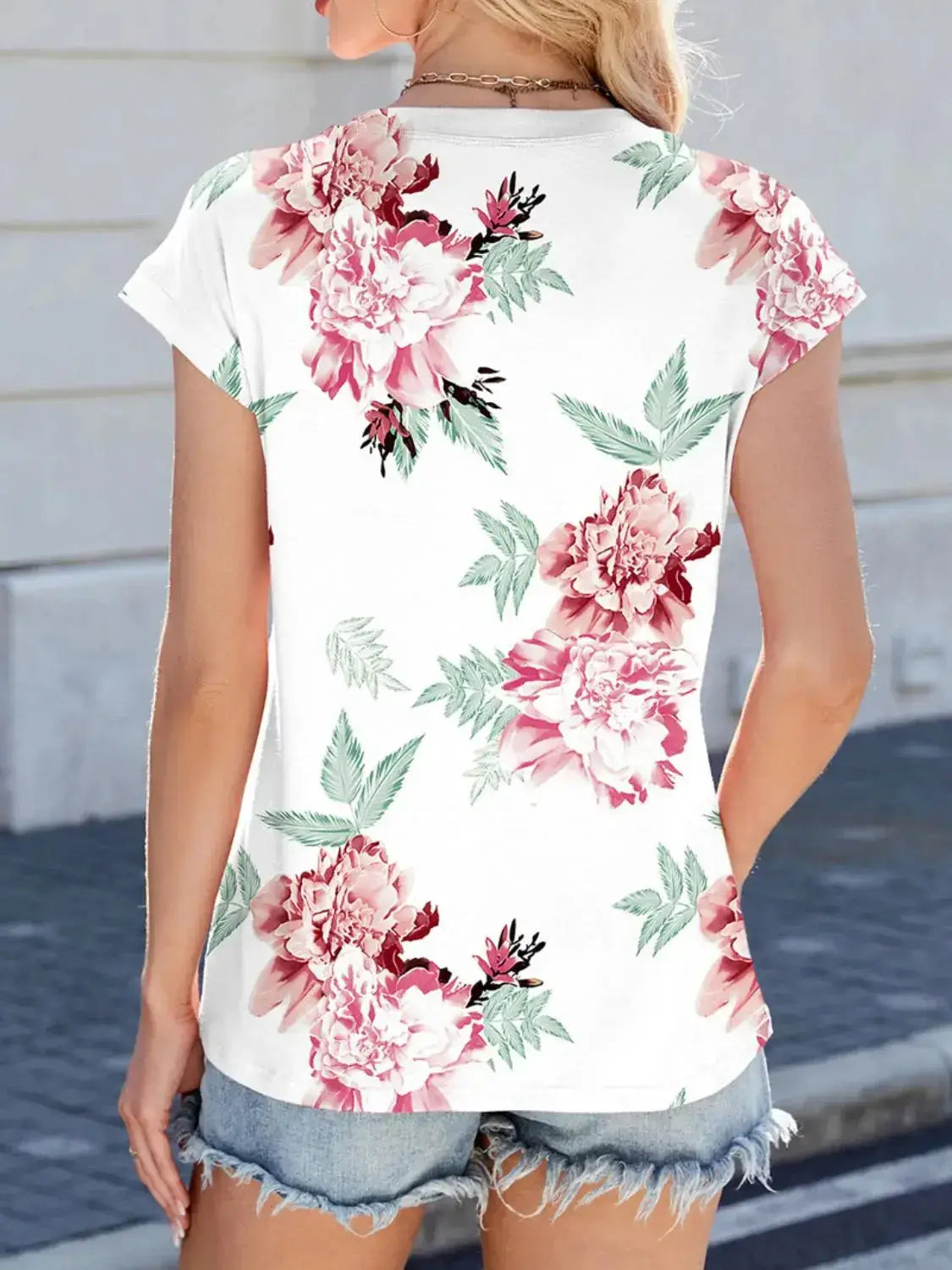 Printed Round Neck Cap Sleeve Top - Clothes For Her Online Store