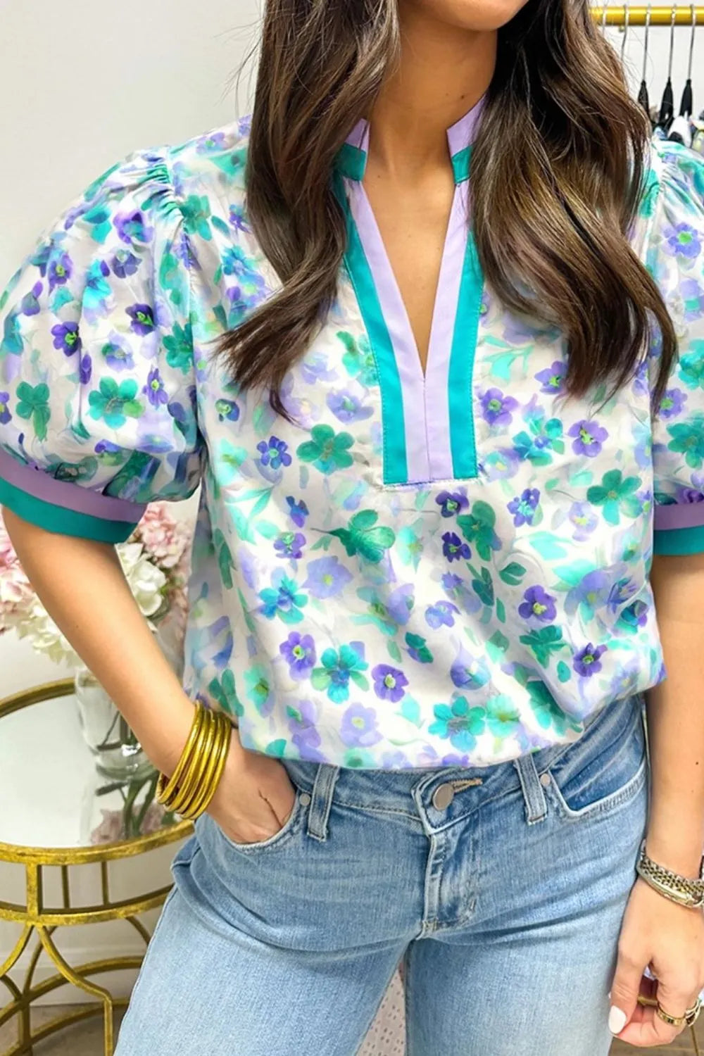 Floral Print Puff Sleeve Notched Blouse