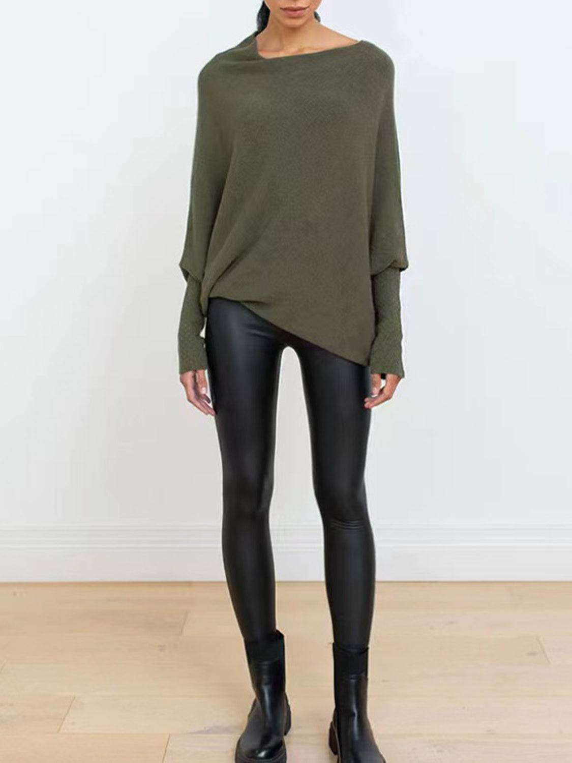 Full Size Boat Neck Batwing Sleeve Knit Top - Clothes For Her Online Store
