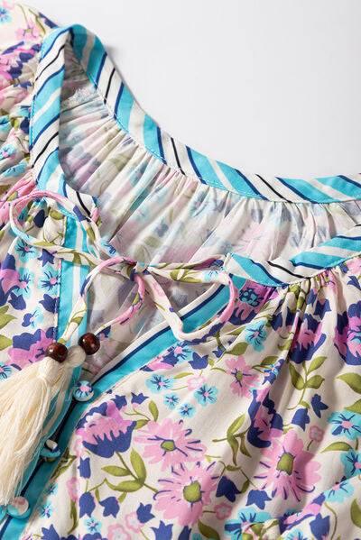 Floral Tie Neck Half Sleeve Blouse - Clothes For Her Online Store