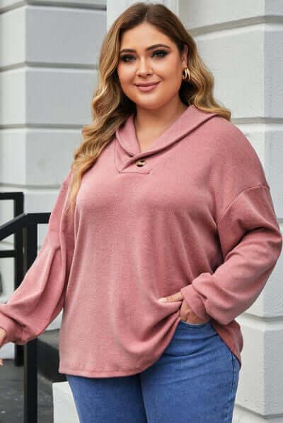 Plus Size Dropped Shoulder Collared Neck T-Shirt - Clothes For Her Online Store