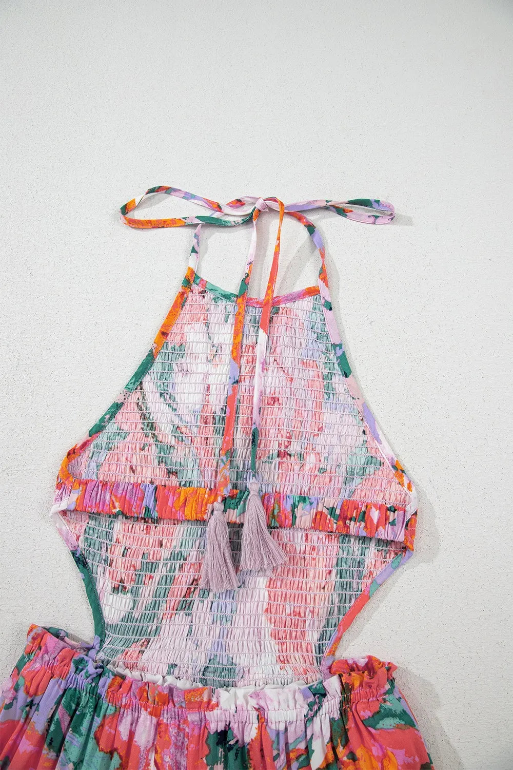 Multicolour Floral Print Smocked Halter Neck Sleeveless Wide Leg Jumpsuit