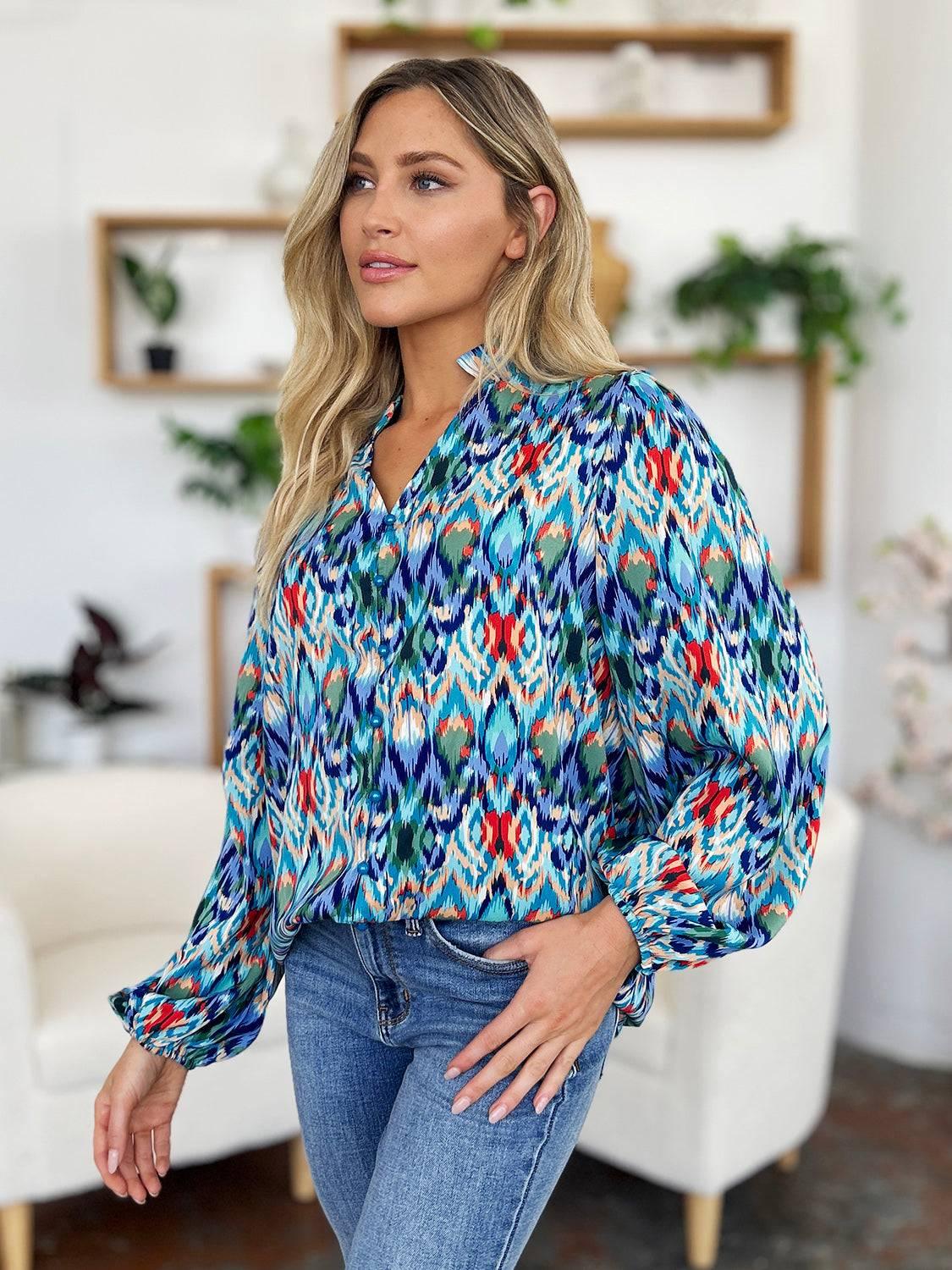 Double Take Full Size Printed Balloon Sleeve Blouse - Clothes For Her Online Store