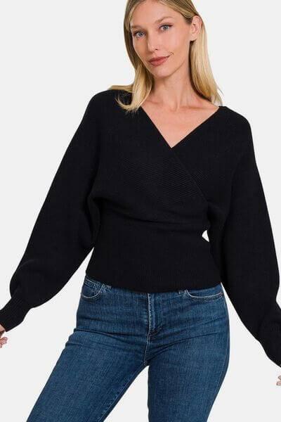 Zenana Cross Wrap Rib Long Sleeve Sweater - Clothes For Her Online Store