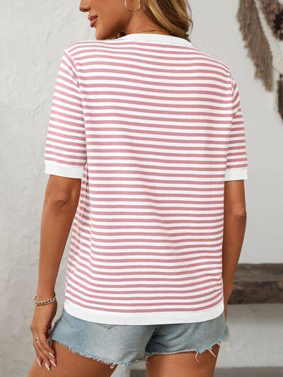 Mandy Striped Round Neck Half Sleeve Knit Top - Clothes For Her Online Store