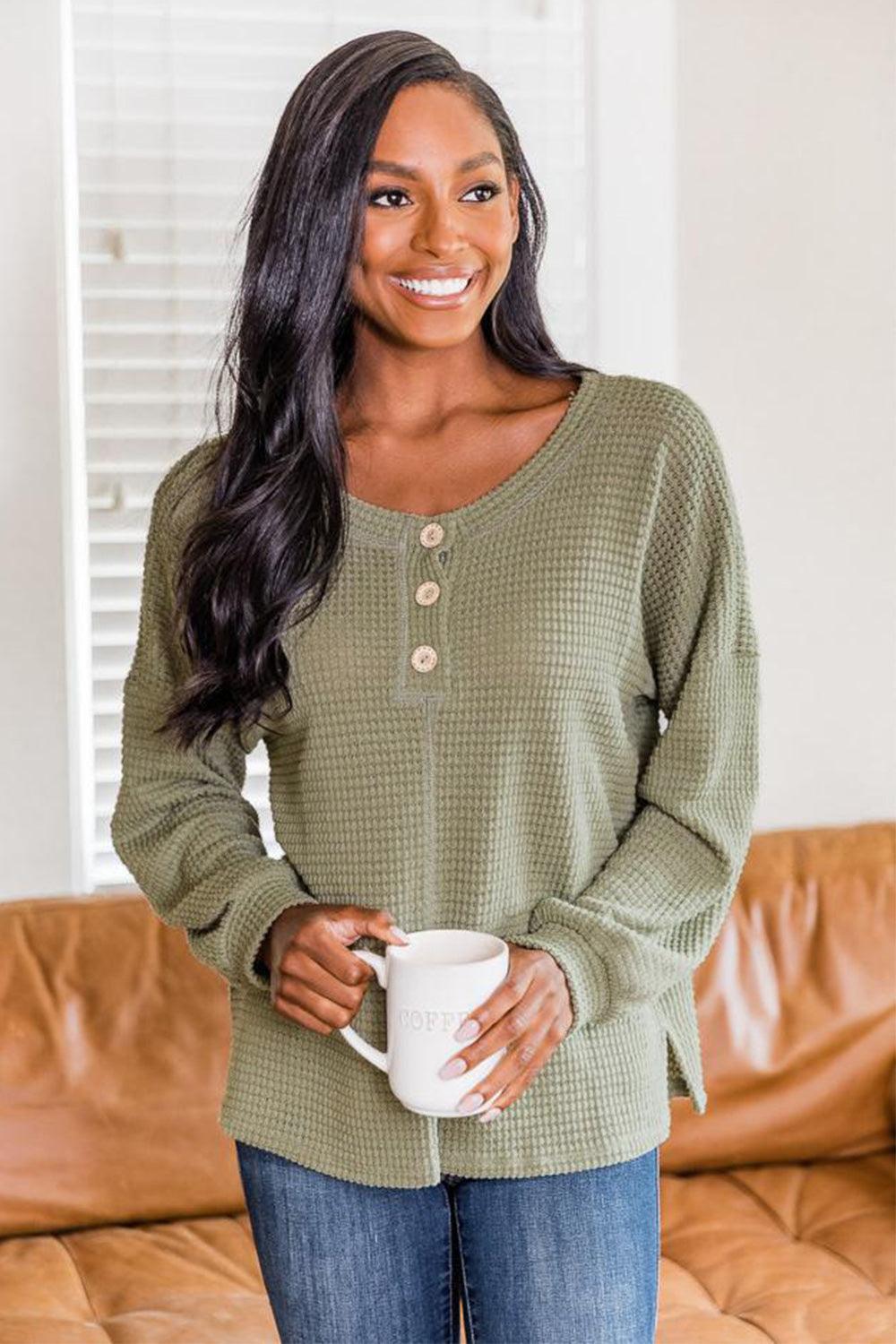 Slit Waffle Knit Long Sleeve T-Shirt - Clothes For Her Online Store