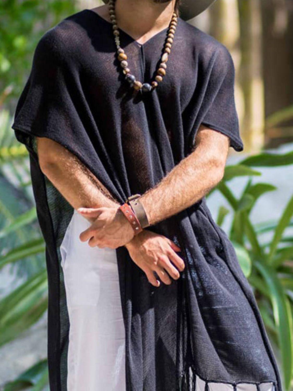 Men's Full Size Fringe V-Neck Half Sleeve Cover Up Plus Size - Clothes For Her Online Store