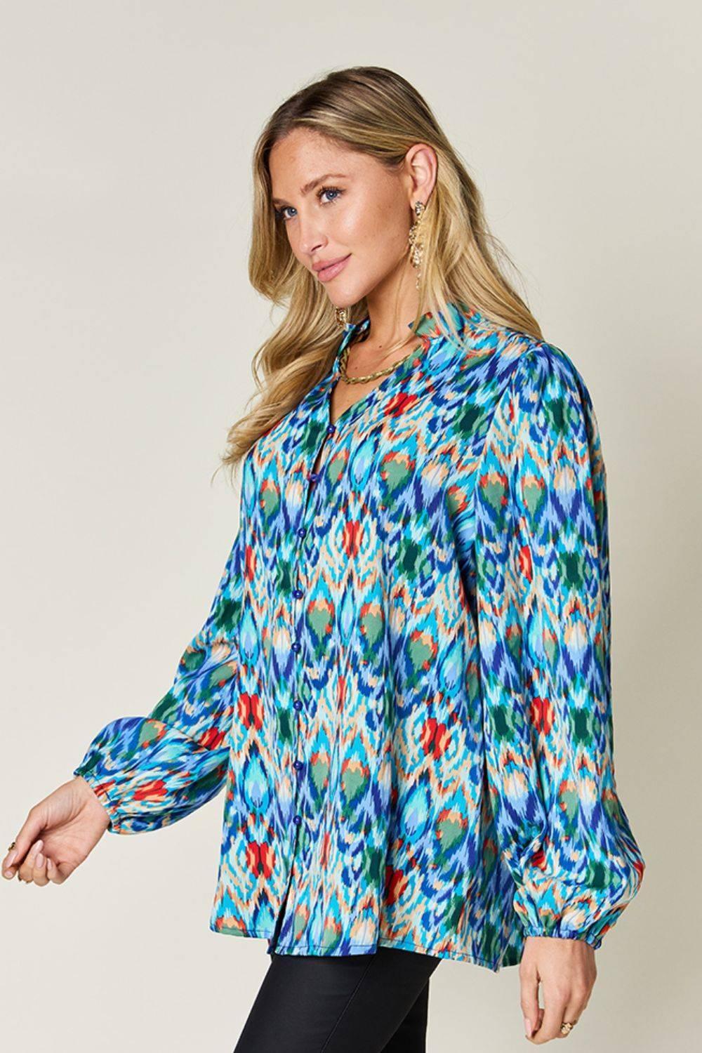 Double Take Full Size Printed Balloon Sleeve Blouse - Clothes For Her Online Store