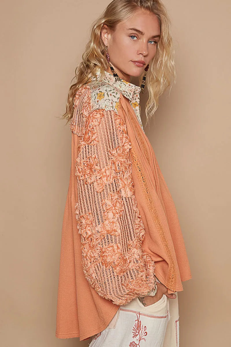 POL Floral Half Button Lace Detail Long Sleeve Top
