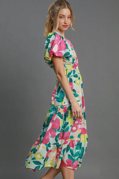 Umgee Full Size Tiered Floral Print Notched Puff Sleeve Midi Dress Plus Size - Clothes For Her Online Store