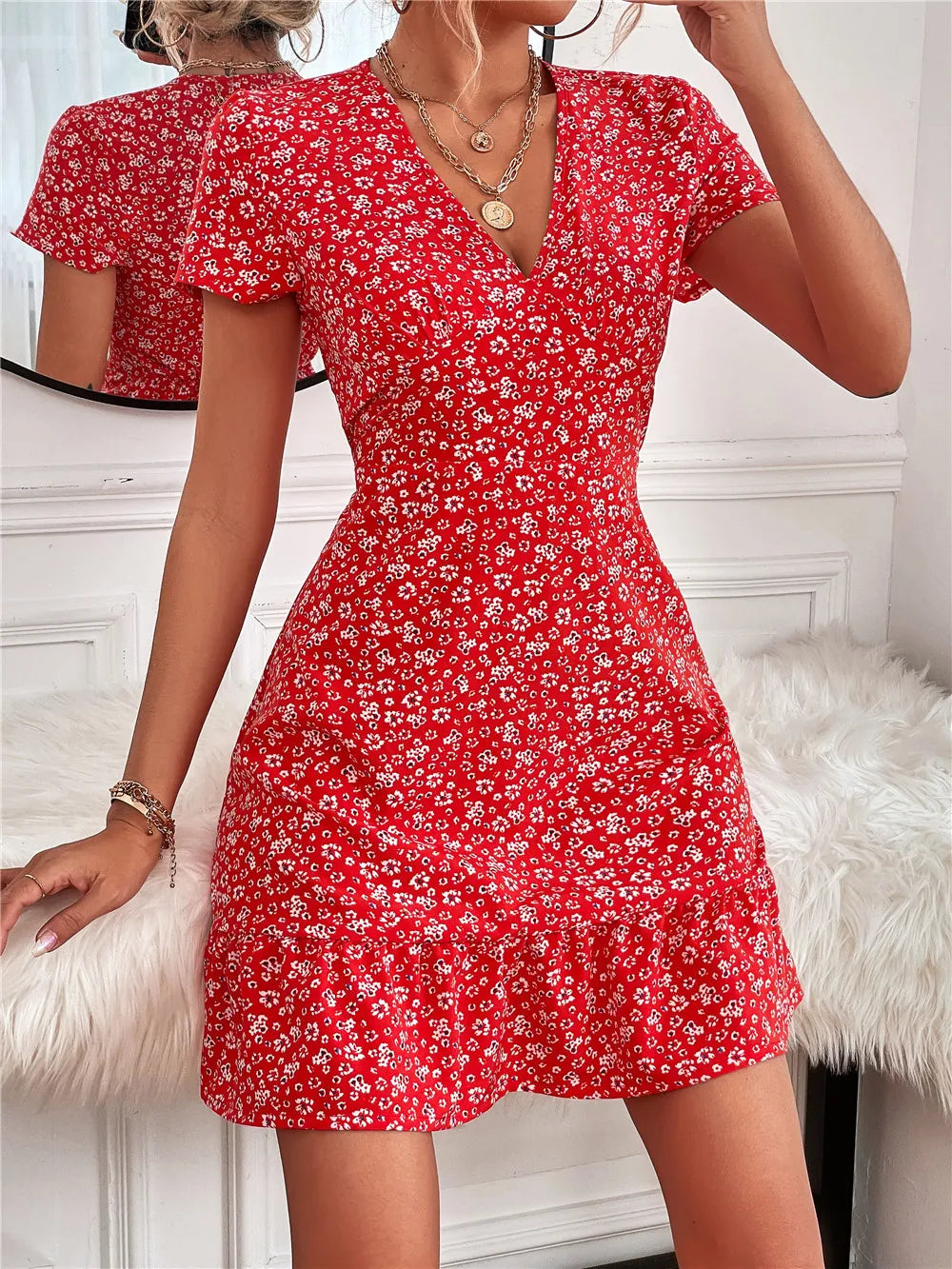 Printed Ruffled Hem V-Neck Short Sleeve Mini Dress