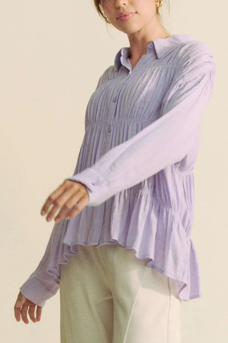 Davi & Dani Ruched All Over Button Front Shirt