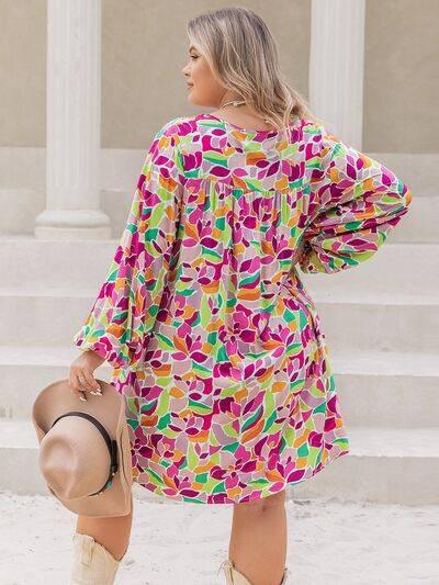Plus Size Printed V-Neck Balloon Sleeve Mini Dress - Clothes For Her Online Store