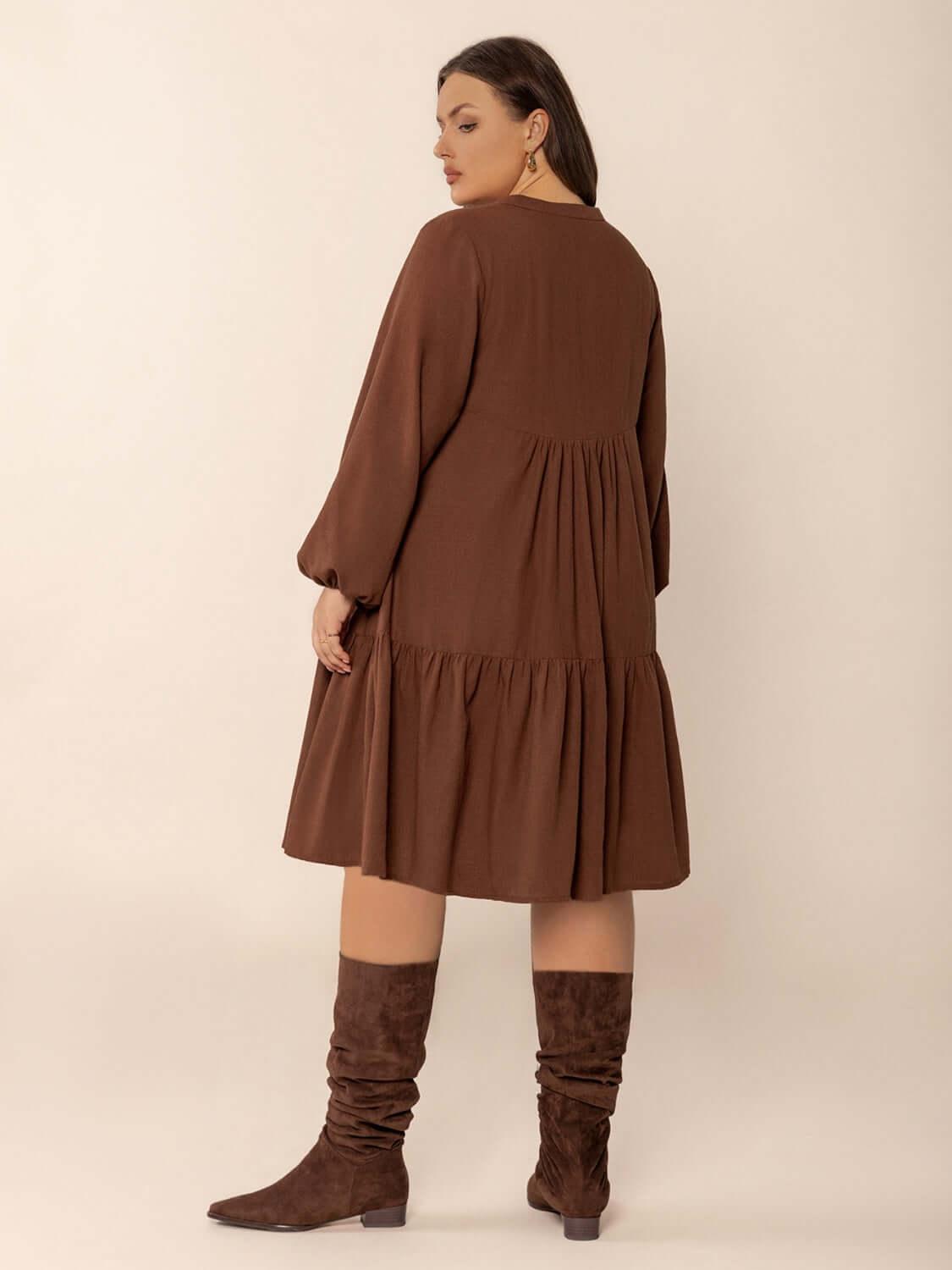 Plus Size Tie Neck Balloon Sleeve Tiered Dress - Clothes For Her Online Store