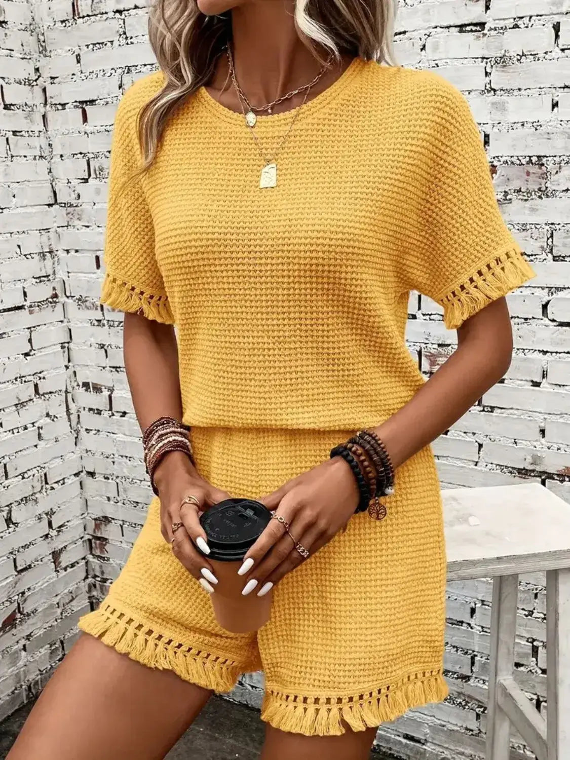 Tassel Round Neck Top and Shorts Set - Clothes For Her Online Store