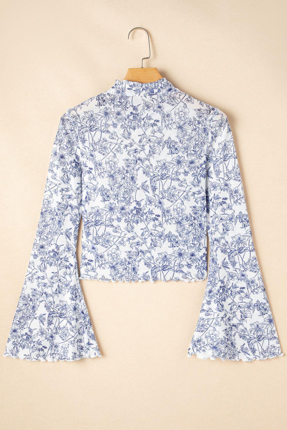 Printed Mock Neck Long Sleeve Blouse - Clothes For Her Online Store