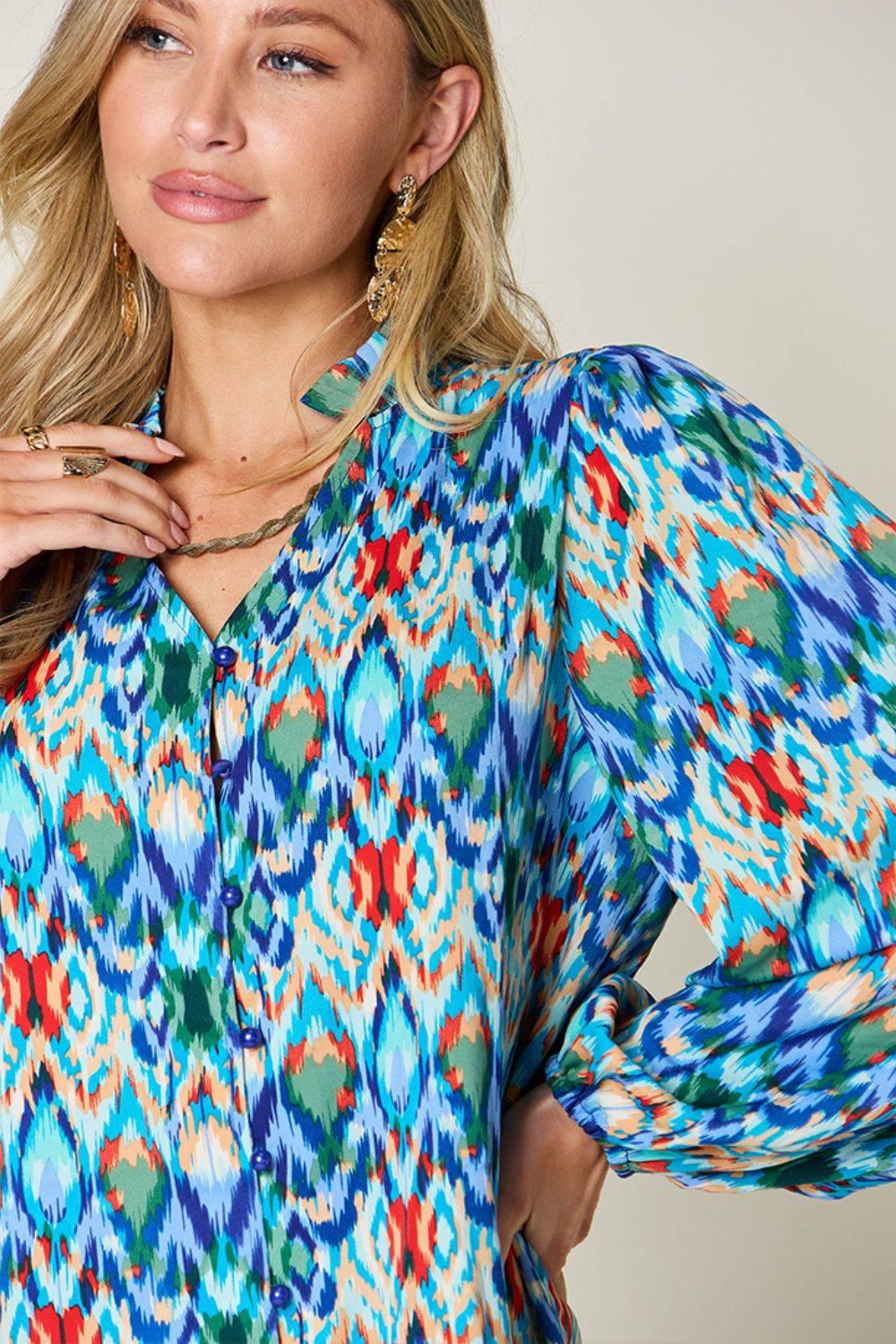 Double Take Full Size Printed Balloon Sleeve Blouse - Clothes For Her Online Store