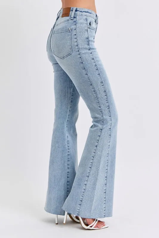 Judy Blue Full Size Midi Rise Rhinestone Side Panel Detail Flare Jeans Plus Size