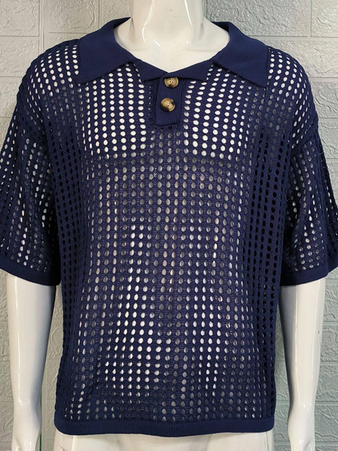 Men's Plus Size Openwork Collared Neck Quarter Button Knit Polo - Clothes For Her Online Store