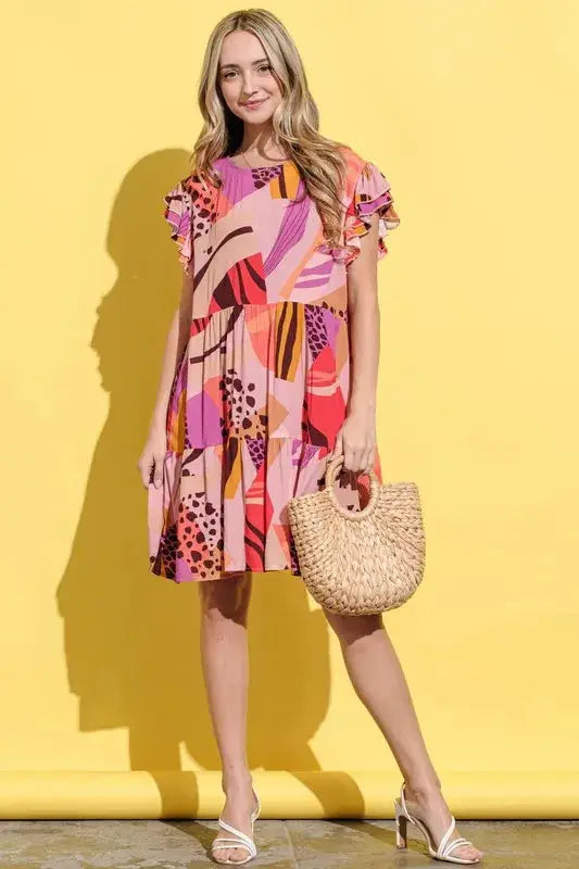 And The Why Printed Double Ruffles Sleeve Dress - Clothes For Her Online Store